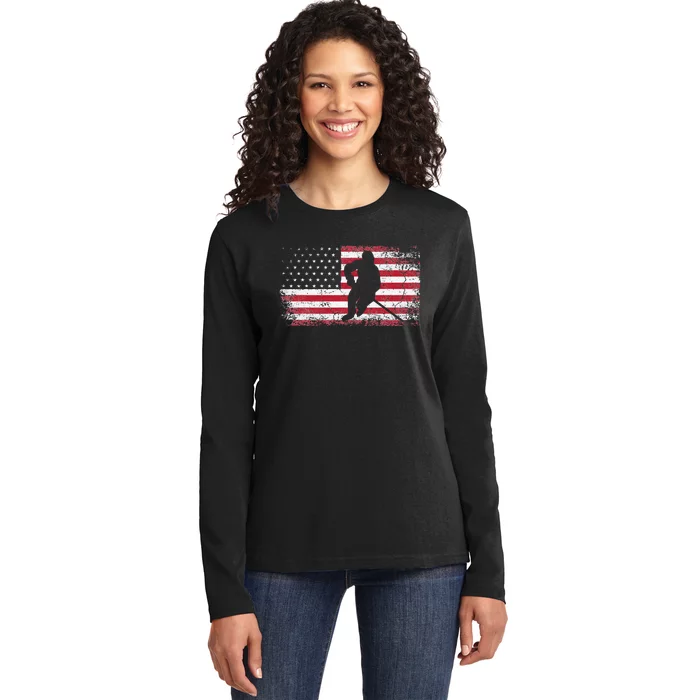 Hockey American Flag 4th of July Patriotic USA Dad Son Ladies Long Sleeve Shirt