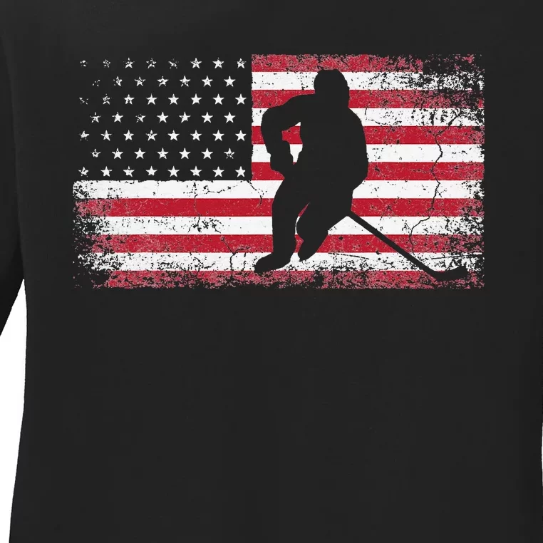 Hockey American Flag 4th of July Patriotic USA Dad Son Ladies Long Sleeve Shirt