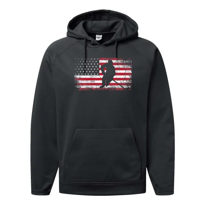 Hockey American Flag 4th Of July Patriotic USA Dad Son Performance Fleece Hoodie