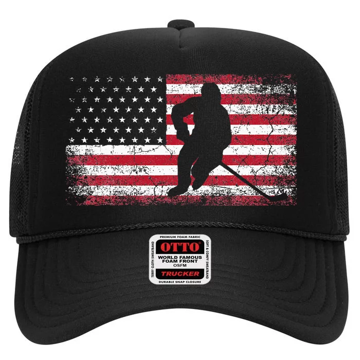 Hockey American Flag 4th Of July Patriotic USA Dad Son High Crown Mesh Trucker Hat