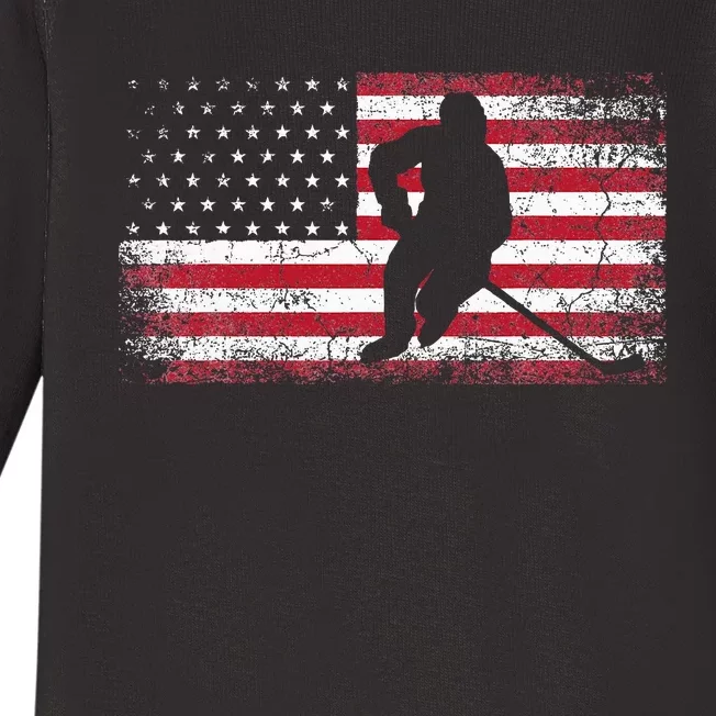 Hockey American Flag 4th Of July Patriotic USA Dad Son Baby Long Sleeve Bodysuit