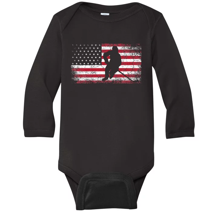 Hockey American Flag 4th Of July Patriotic USA Dad Son Baby Long Sleeve Bodysuit