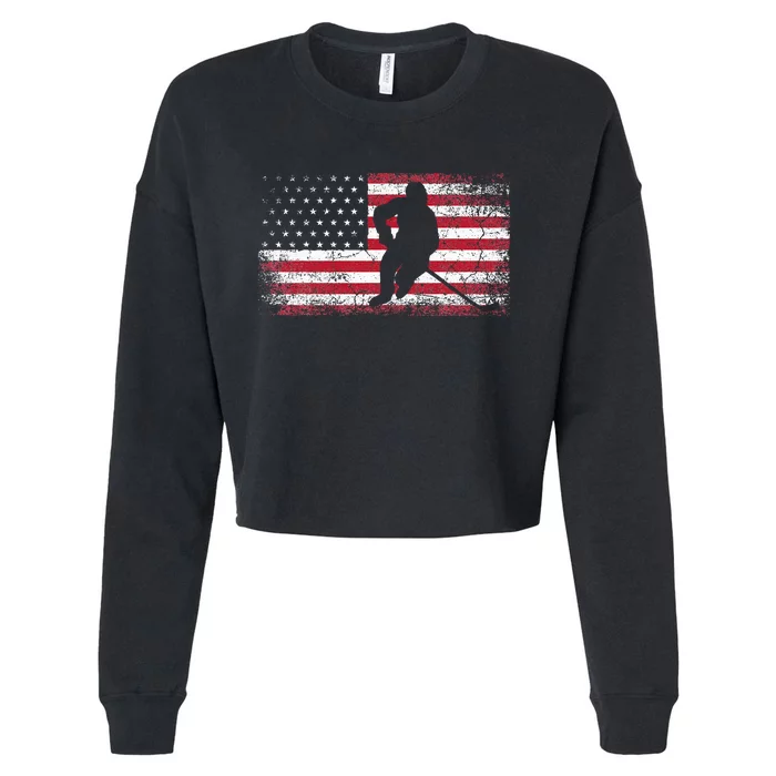 Hockey American Flag 4th Of July Patriotic USA Dad Son Cropped Pullover Crew