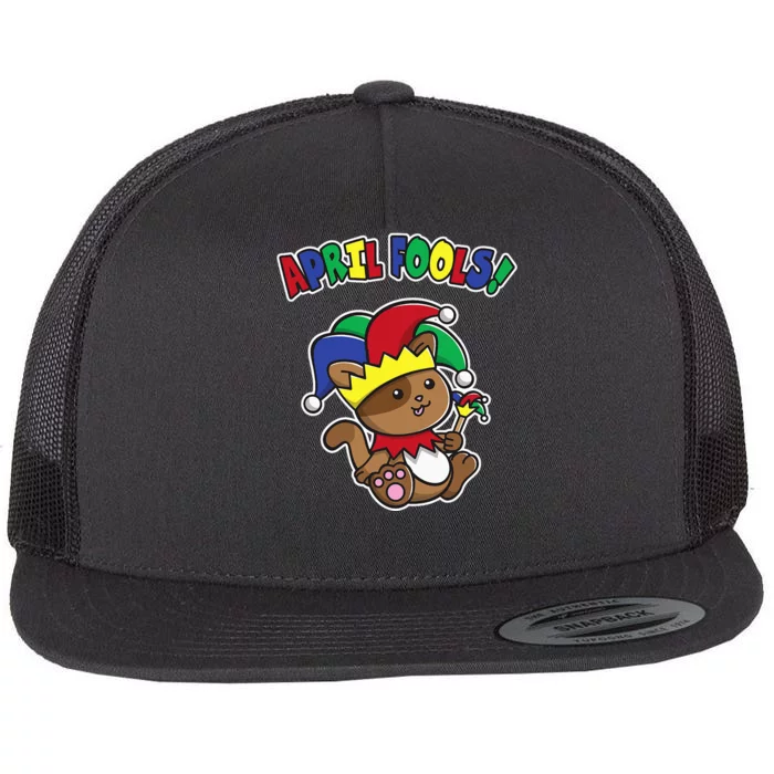 Happy April Fool's Day Funny Cute Cat Jester Prankster Flat Bill Trucker Hat