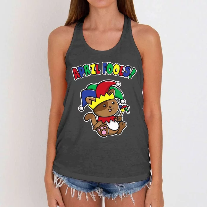 Happy April Fool's Day Funny Cute Cat Jester Prankster Women's Knotted Racerback Tank