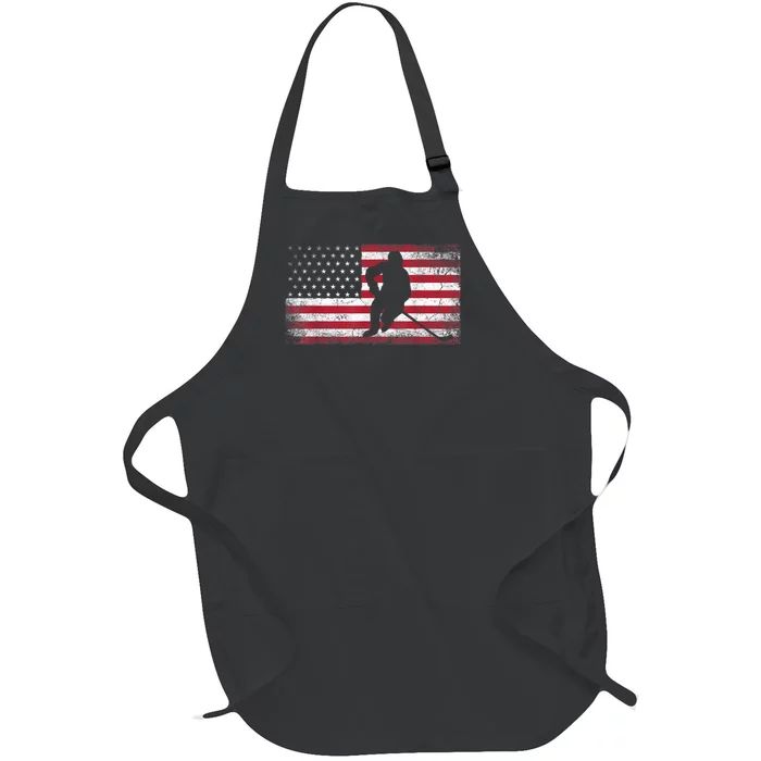 Hockey American Flag 4th Of July Patriotic USA Dad Men Son Full-Length Apron With Pocket