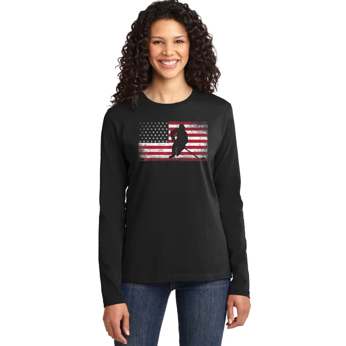 Hockey American Flag 4th Of July Patriotic USA Dad Men Son Ladies Long Sleeve Shirt