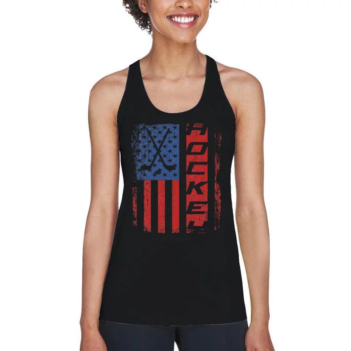 Hockey American Flag Patriotic 4th Of July Hockey Women's Racerback Tank