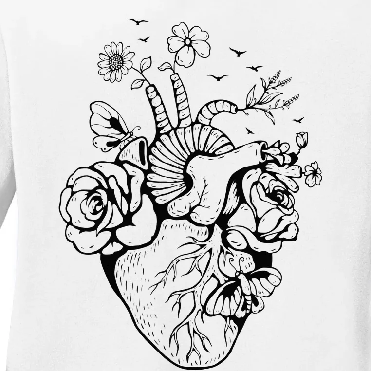 Heart Anatomy Flowers Funny Anatomical Heart And Human Ladies Long Sleeve Shirt