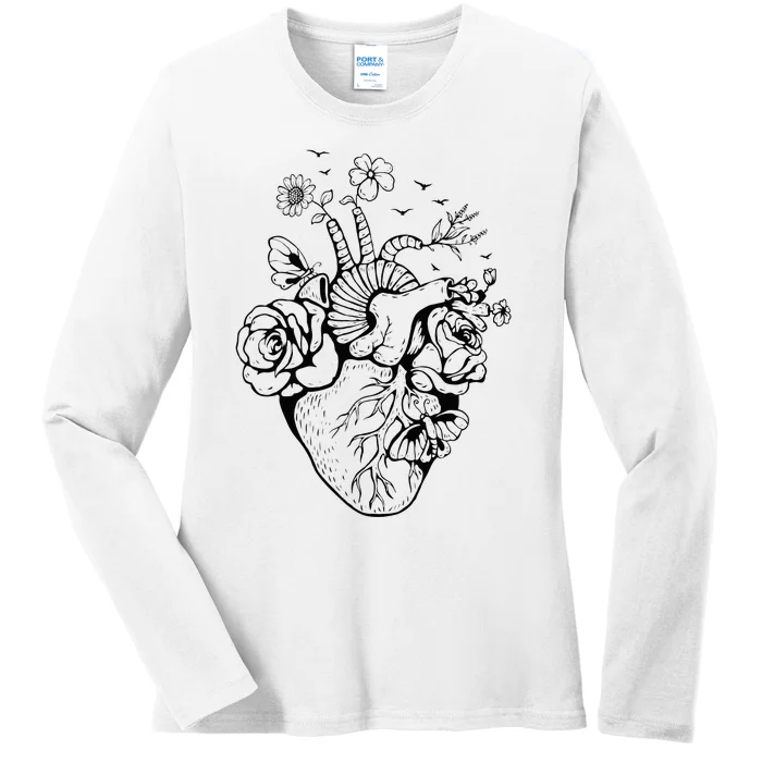 Heart Anatomy Flowers Funny Anatomical Heart And Human Ladies Long Sleeve Shirt