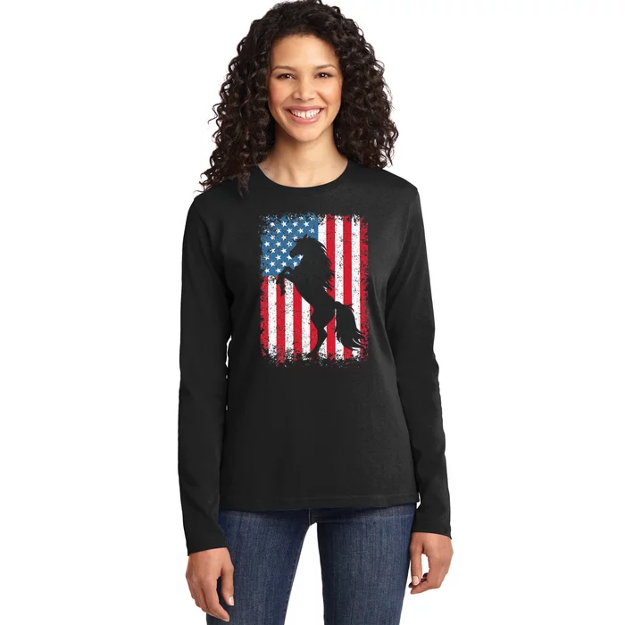 Horse American Flag USA 4th Of July Men Women Ladies Long Sleeve Shirt