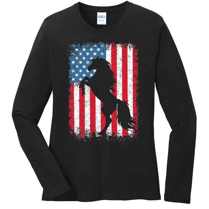 Horse American Flag USA 4th Of July Men Women Ladies Long Sleeve Shirt