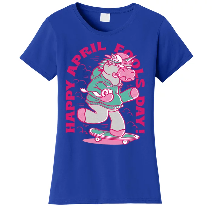 Happy April Fools Day Funny Unicorn Skateboard Gift Women's T-Shirt