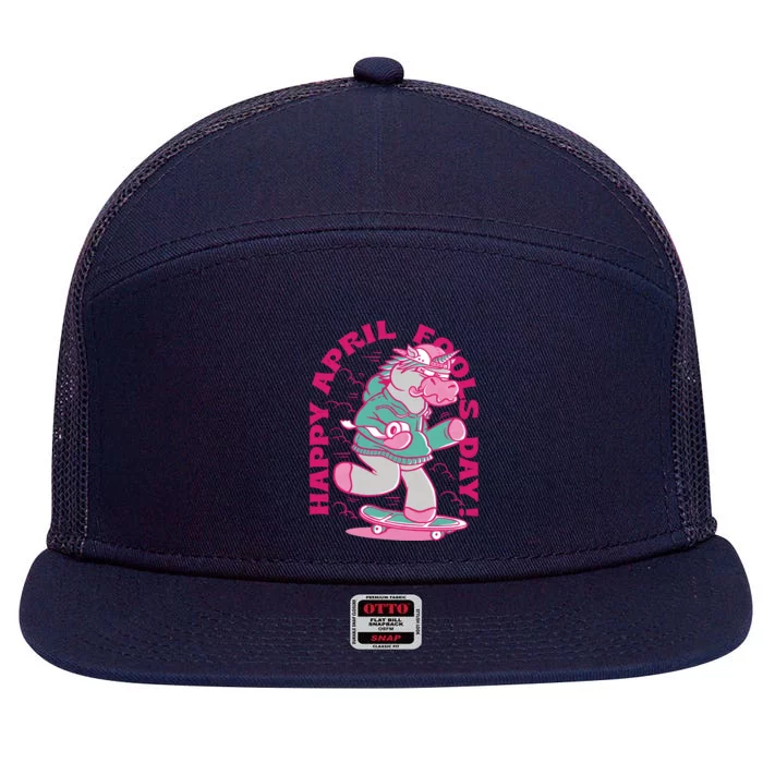 Happy April Fools Day Funny Unicorn Skateboard Gift 7 Panel Mesh Trucker Snapback Hat