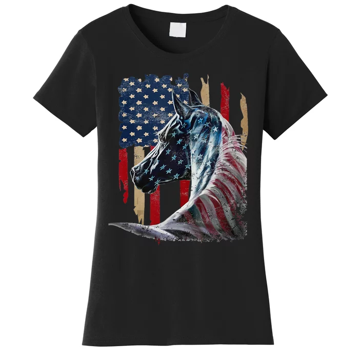 Horse American Flag Derby Racing Equestrian Rodeo Patriotic Women's T-Shirt