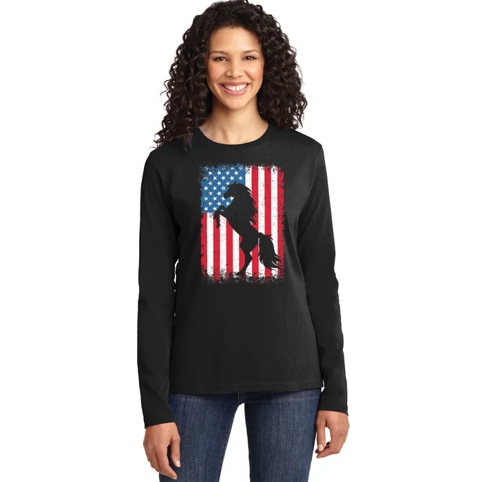 Horse American Flag USA 4th of July Boy Girl Ladies Long Sleeve Shirt