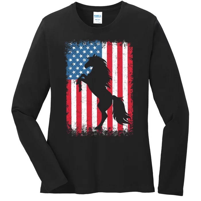 Horse American Flag USA 4th of July Boy Girl Ladies Long Sleeve Shirt