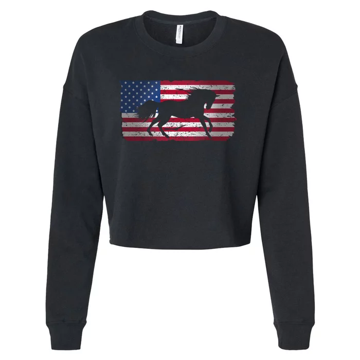 Horse American Flag Usa Patriotic For Girls Women Boys Men Gift Cropped Pullover Crew