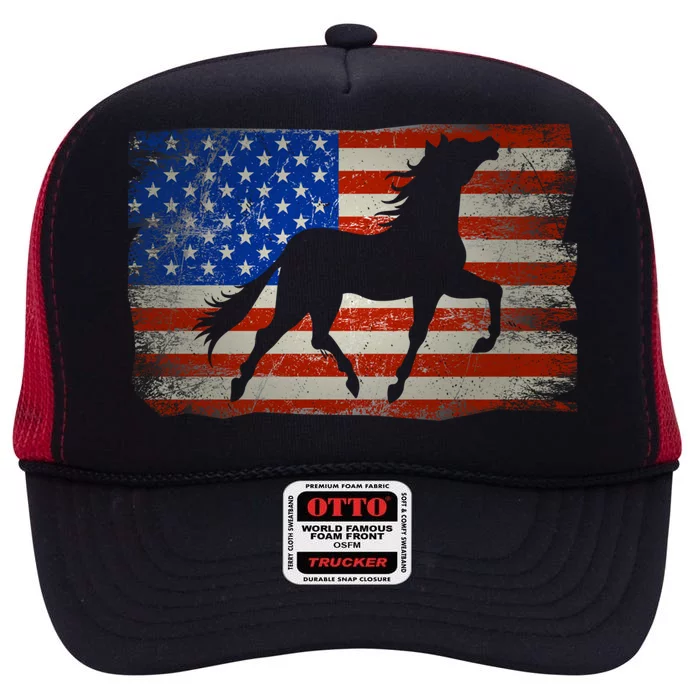 Horse American Flag Usa Patriotic Gift High Crown Mesh Trucker Hat