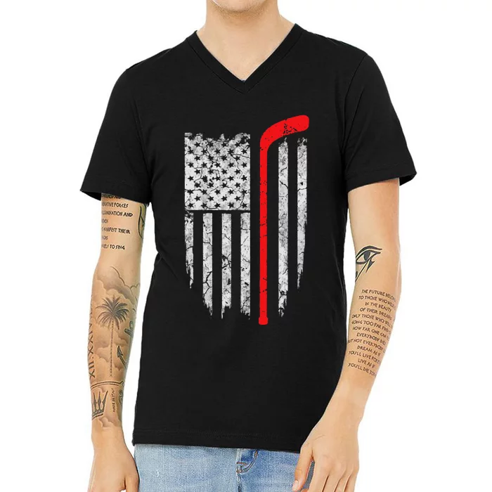 Hockey American Flag Hockey V-Neck T-Shirt