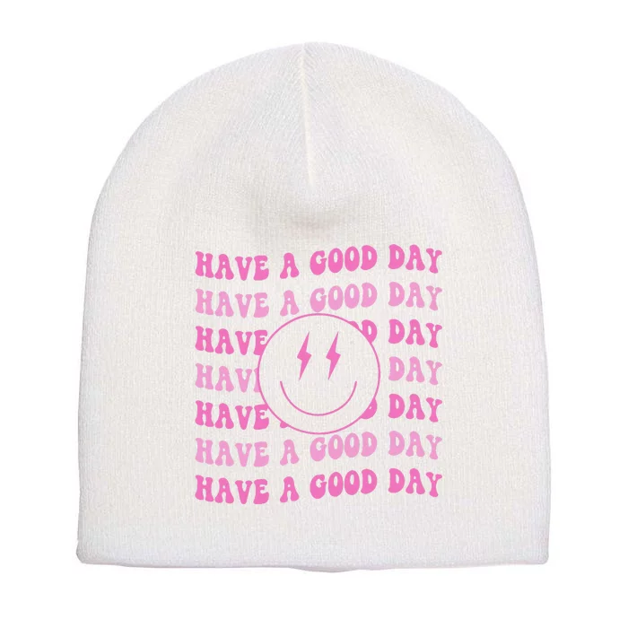 Have A Good Day Pink Smile Face Preppy Aesthetic Trendy Short Acrylic Beanie