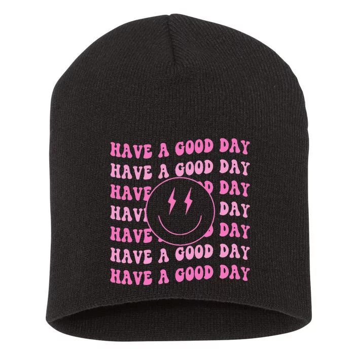 Have A Good Day Pink Smile Face Preppy Aesthetic Trendy Short Acrylic Beanie