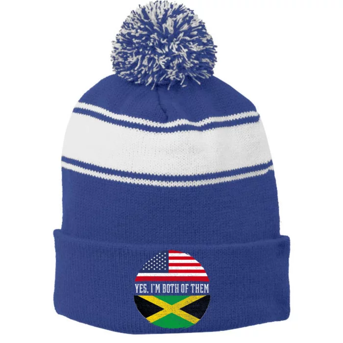 Half American Half Jamaican Usa Flag Jamaica Heritage Dna Stripe Pom Pom Beanie