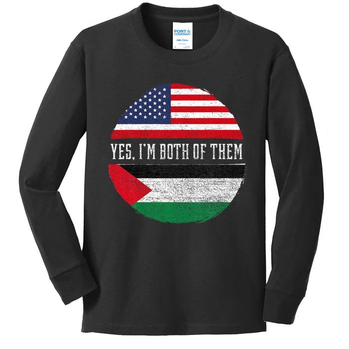 Half American Half Palestinian USA Flag Palestine Heritage Kids Long Sleeve Shirt