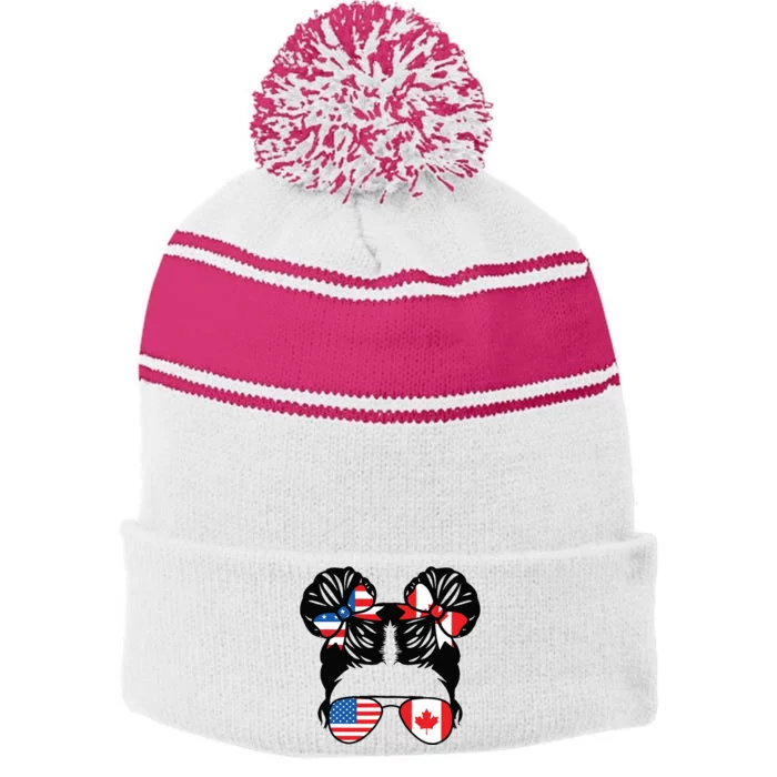 Half American Half Canadian Girl USA Canada Flag Patriot Stripe Pom Pom Beanie