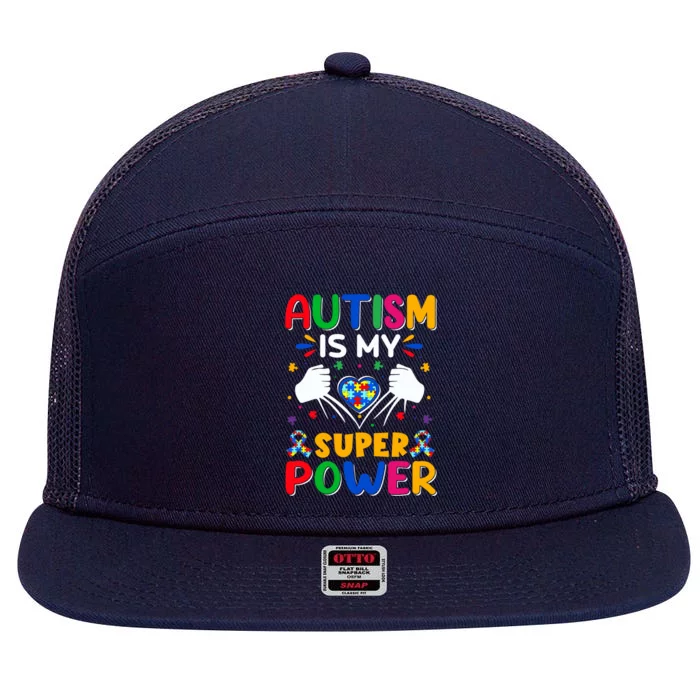 Heart Autism Is My Superpower Autism Awareness Cool Gift 7 Panel Mesh Trucker Snapback Hat