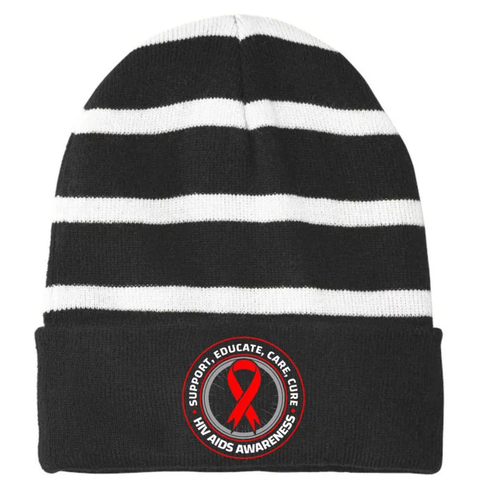 HIV AIDS Immune Deficiency Disease Red Ribbon Patient Striped Beanie with Solid Band