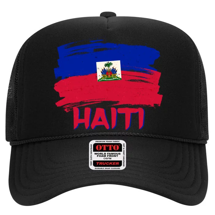 Haiti Distressed Painted Flag High Crown Mesh Trucker Hat