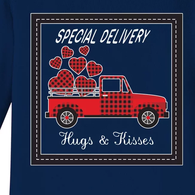 Hugs And Kisses Special Delivery Truck Happy Valentines Day Baby Long Sleeve Bodysuit