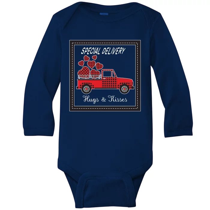 Hugs And Kisses Special Delivery Truck Happy Valentines Day Baby Long Sleeve Bodysuit