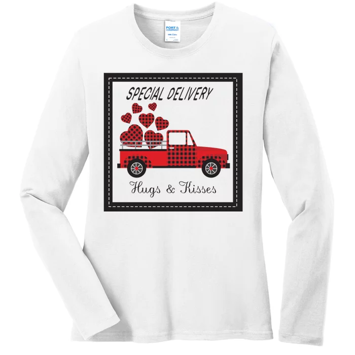 Hugs And Kisses Special Delivery Truck Happy Valentines Day Ladies Long Sleeve Shirt