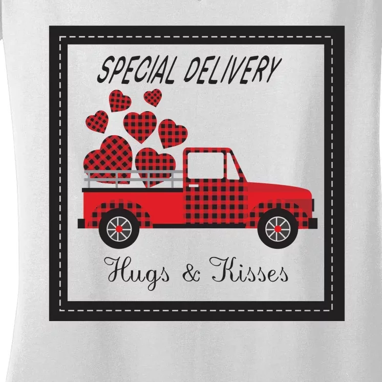 Hugs And Kisses Special Delivery Truck Happy Valentines Day Women's V-Neck T-Shirt