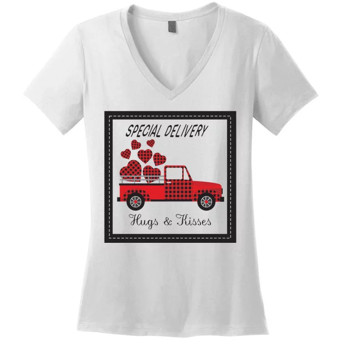 Hugs And Kisses Special Delivery Truck Happy Valentines Day Women's V-Neck T-Shirt