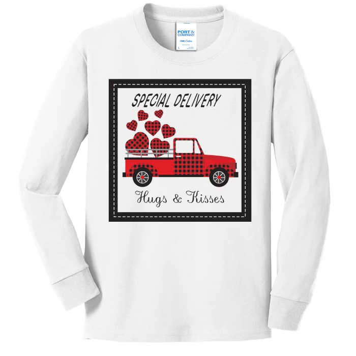 Hugs And Kisses Special Delivery Truck Happy Valentines Day Kids Long Sleeve Shirt