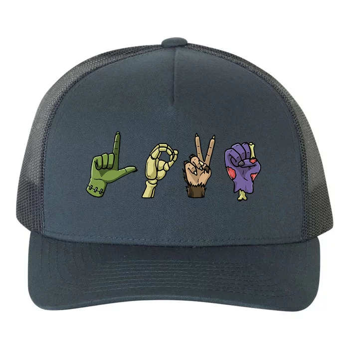 Halloween ASL LOVE Hand Sign Monsters Scary Creatures Yupoong Adult 5-Panel Trucker Hat