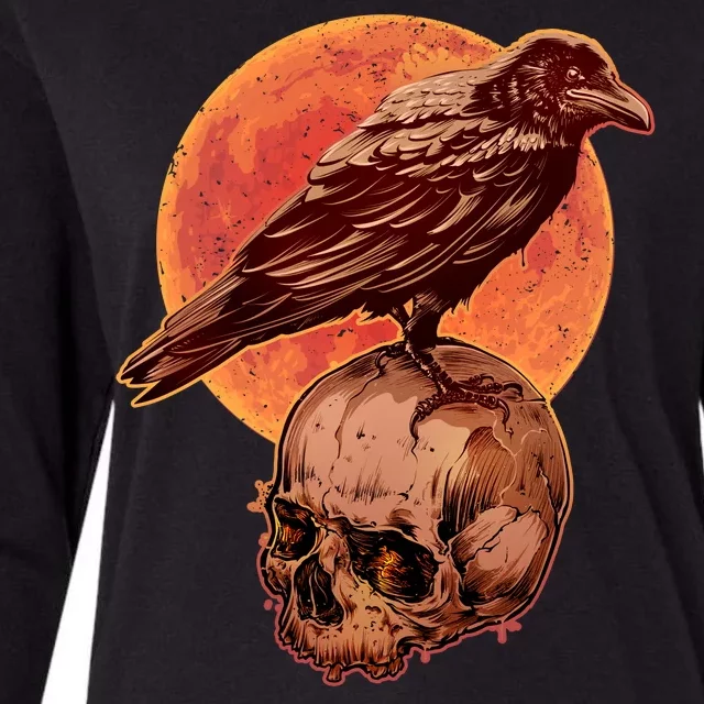 Halloween Cool Raven Crow Skull And Moon Womens Cotton Relaxed Long Sleeve T-Shirt