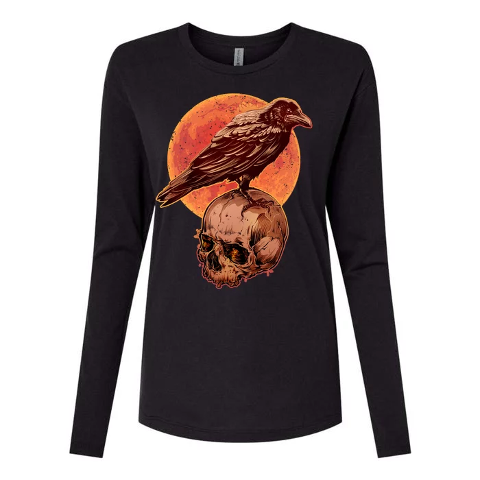 Halloween Cool Raven Crow Skull And Moon Womens Cotton Relaxed Long Sleeve T-Shirt