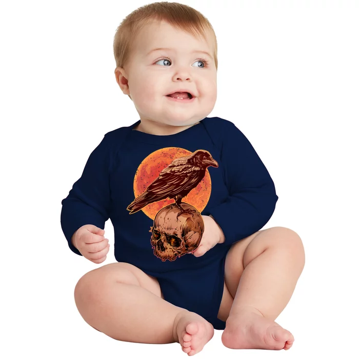 Halloween Cool Raven Crow Skull And Moon Baby Long Sleeve Bodysuit