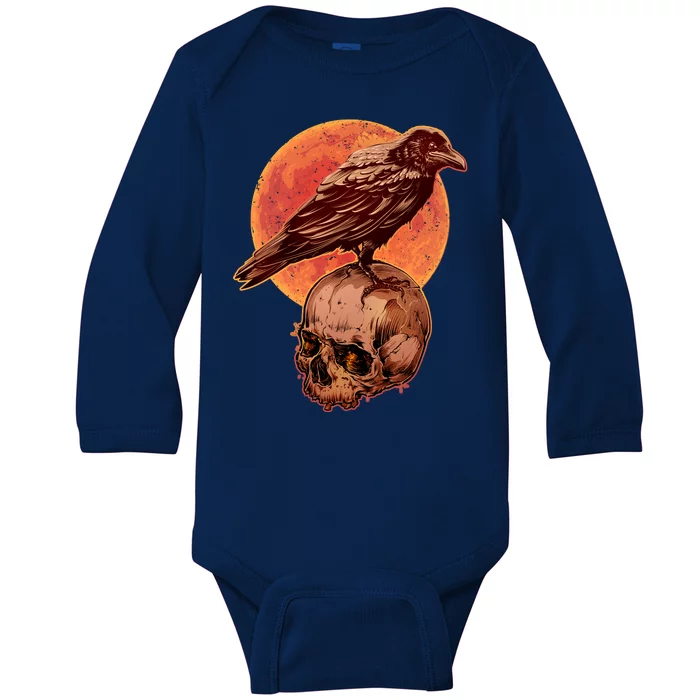 Halloween Cool Raven Crow Skull And Moon Baby Long Sleeve Bodysuit