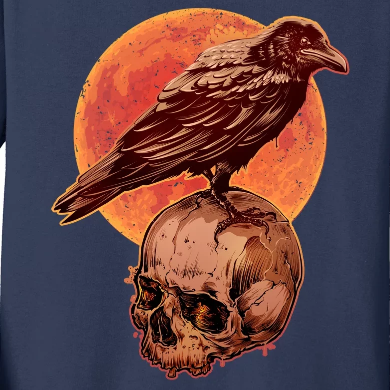 Halloween Cool Raven Crow Skull And Moon Kids Long Sleeve Shirt