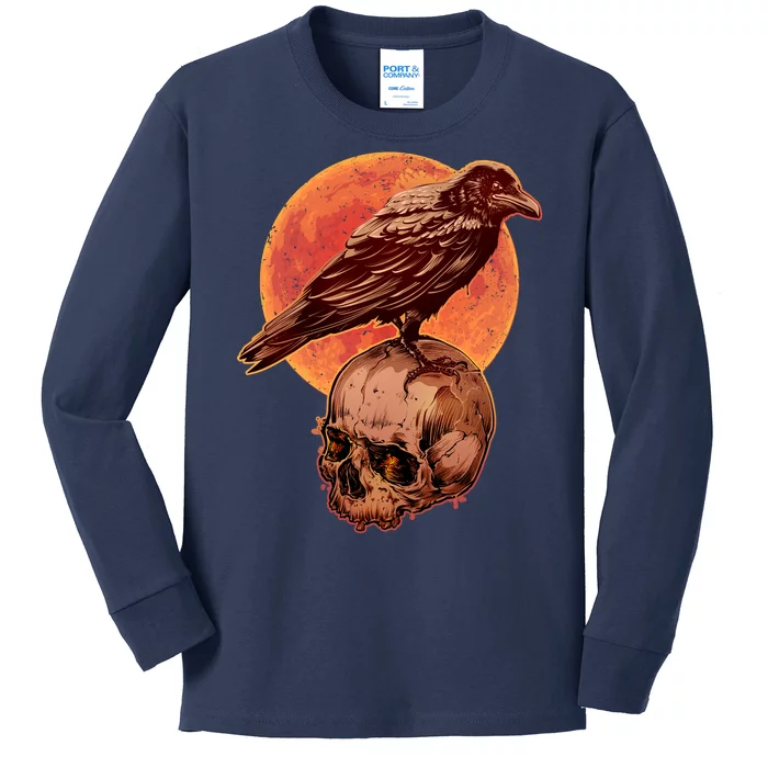 Halloween Cool Raven Crow Skull And Moon Kids Long Sleeve Shirt