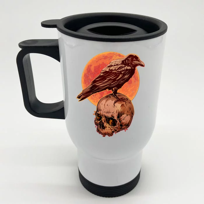 Halloween Cool Raven Crow Skull And Moon Front & Back Stainless Steel Travel Mug