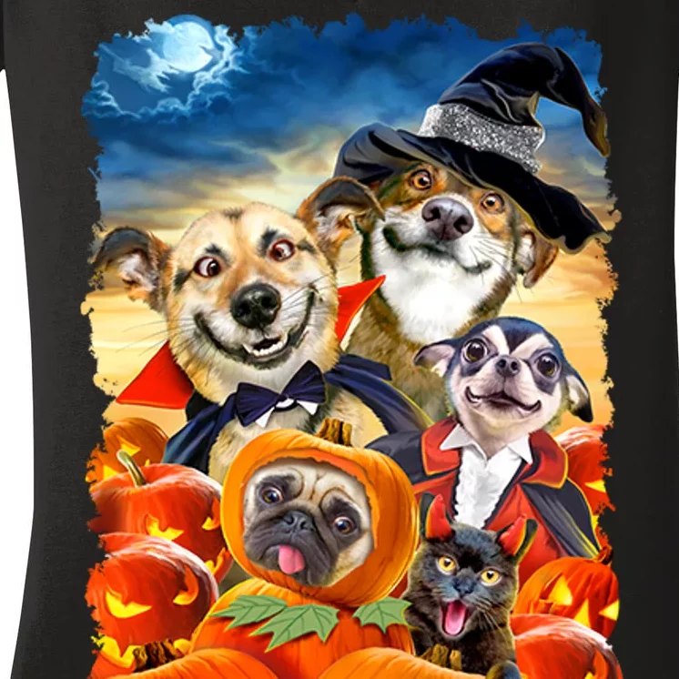 Halloween Dogs and Cats Selfie 2 Women's V-Neck T-Shirt