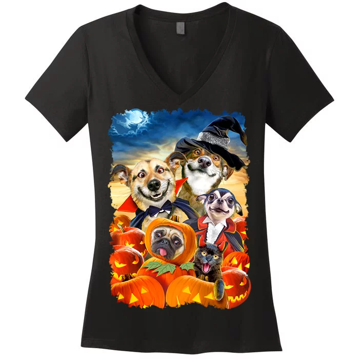 Halloween Dogs and Cats Selfie 2 Women's V-Neck T-Shirt