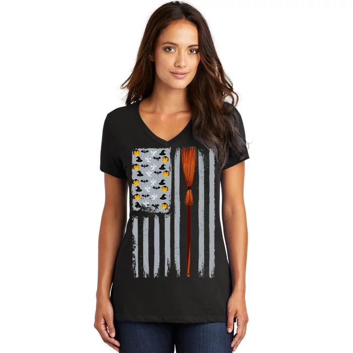 Halloween Flag Witches Broomstick American Flag USA Women's V-Neck T-Shirt