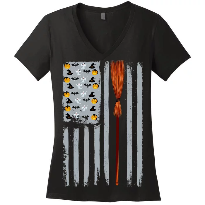 Halloween Flag Witches Broomstick American Flag USA Women's V-Neck T-Shirt